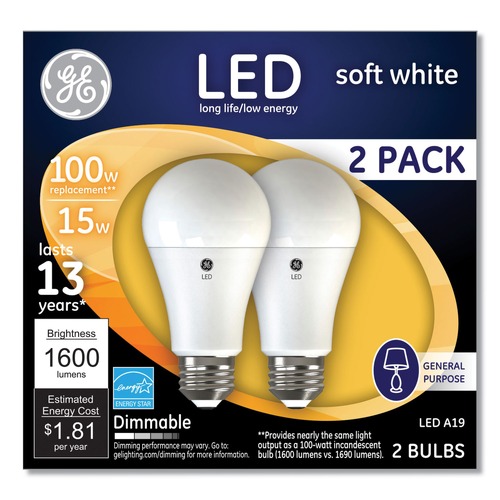 Light Bulbs | GE 93127668 15 Watts/100 Watts A19 LED Bulbs - Soft White (2/Pack) image number 0