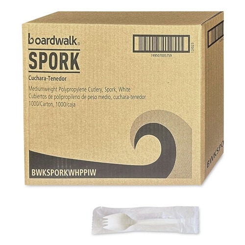 Food Service | Boardwalk BWKSPORKWHPPIW Mediumweight Wrapped Polypropylene Spork Cutlery - White (1000/Carton) image number 0