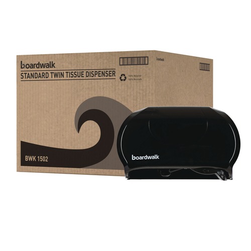 Paper Towels and Napkins | Boardwalk R3670BKBW 13 in. x 6.75 in. x 8.75 in. Standard Twin Toilet Tissue Dispenser - Black image number 0