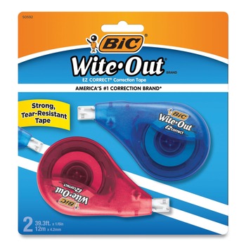 BIC Wite-Out EZ Correct 0.17 in. x 472 in. Non-Refillable Correction Tape - Randomly Assorted Applicator Colors (2/Pack)