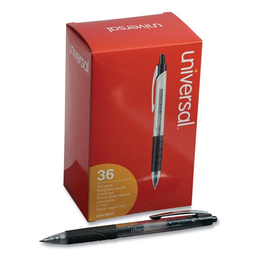 Office Jansan | Universal UNV39910 0.7 mm. Medium Comfort Grip Retractable Gel Pen - Black Ink, Clear/Black Barrel (36/Pack) image number 0