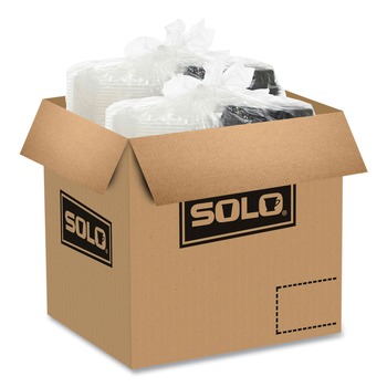 SOLO 809014-PP94 OctaView 9.55 in. x 9.1 in. x 2.4 in. 38 oz. 3-Compartment Plastic Hinged-Lid Hot Food Containers - Black/Clear (100/Carton)