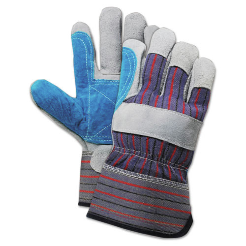 Work Gloves | Boardwalk BWK00034 Cow Split Leather Double Palm Gloves - Gray/Blue, Large (12-Piece) image number 0