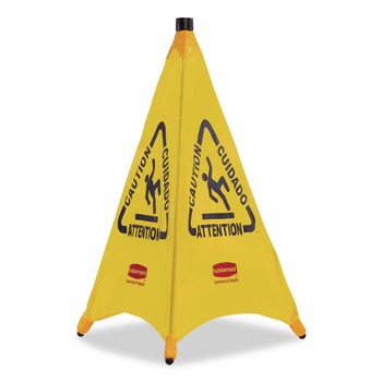 Rubbermaid Commercial 3-Sided Fabric 21 in. x 21 in. x 30 in. Multilingual Pop-Up Wer Floor Safety Cone - Yellow
