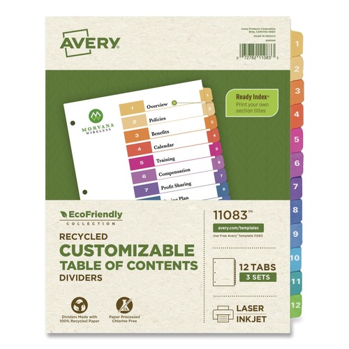 Office Jansan | Avery 11083 Ready Index 11 in. x 8.5 in. 12-Tab 1 to 12 Customizable Table of Contents Dividers with Multicolor Tabs - White (3/Pack) image number 0