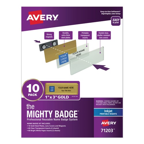 Office Jansan | Avery 71203 The Mighty Badge 3 in. x 1 in. Horizontal Inkjet Name Badge Holder Kit - Gold (10/Pack) image number 0