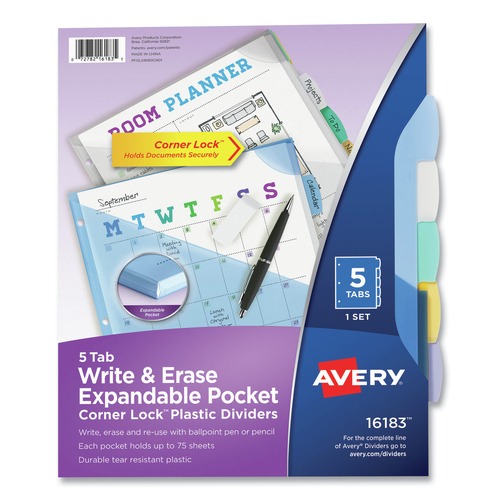 Office Jansan | Avery 16183 Write and Erase Big Tab 11 in. x 8.5 in. 5-Tab 3-Hole Punched Expandable Pocket Durable Plastic Dividers - Assorted (1-Set) image number 0