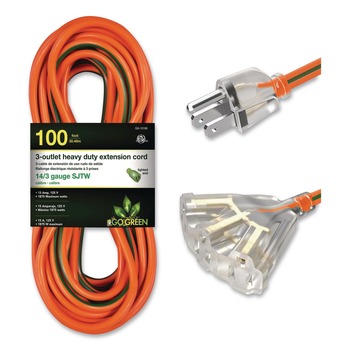 GoGreen Power 100 ft. 13 Amps 14 AWG 3-Outlet Heavy-Duty Extension Cord - Orange
