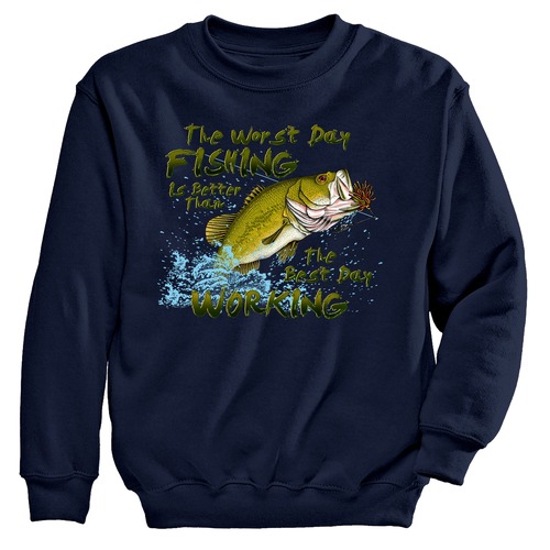 Hoodies and Sweatshirts | Buzz Saw SP16408L "The Worst Day Fishing Is Better Than the Best Day at Work" Crewneck Sweatshirt - Large, Navy Blue image number 0