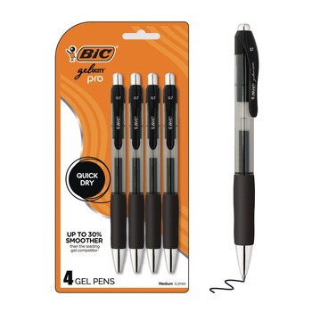 BIC Gel-ocity Pro 0.7 mm Medium Gel Pen - Black Ink/Translucent Black/Black Barrel (4/Pack)