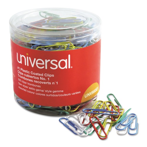 Mothers Day Sale! Save an Extra 10% off your order | Universal UNV95001 Plastic-Coated #1 Paper Clips with One-Compartment Dispenser Tub - Assorted Colors (500/Pack) image number 0