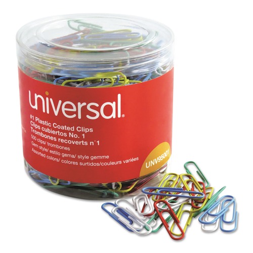Office Jansan | Universal UNV95001 Plastic-Coated #1 Paper Clips with One-Compartment Dispenser Tub - Assorted Colors (500/Pack) image number 0