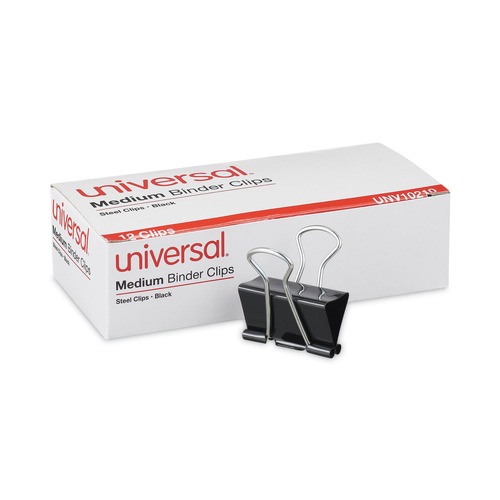 Office Jansan | Universal UNV10210 Binder Clips - Medium, Black/Silver (1 Dozen) image number 0