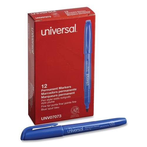 Office Jansan | Universal UNV07073 Fine Bullet Tip Pen-Style Permanent Marker - Blue (1 Dozen) image number 0