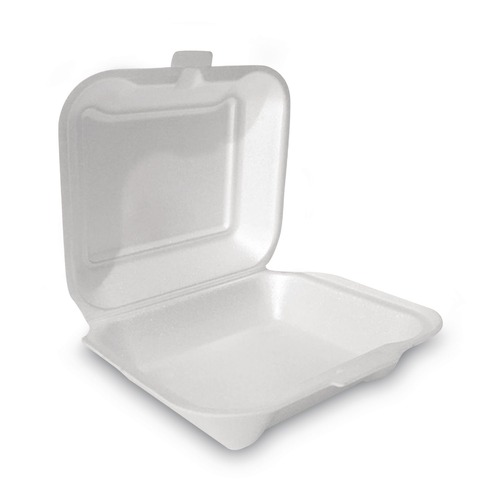 Food Service | Plastifar 12018 7.81 in. x 8.75 in. x 3.38 in. Secure One Tab Latch Poly Bag Foam Hinged Lid Container - White (200/Pack) image number 0