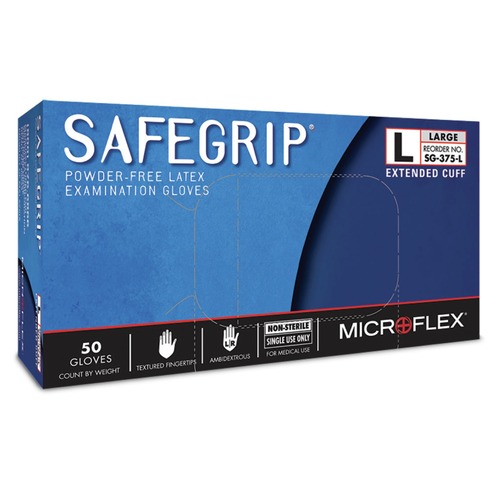 Disposable Gloves | MicroFlex SG375L-CASE 50-Piece SafeGrip Latex Gloves - Large, Blue image number 0