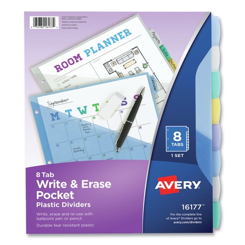 Office Jansan | Avery 16177 Write and Erase 11.13 in. x 9.25 in. 8-Tab 3-Hole Punched Durable Plastic Dividers with Slash Pocket - Assorted (1-Set) image number 0