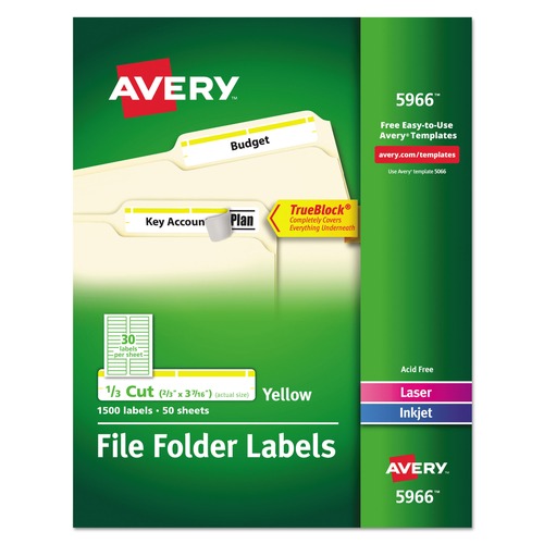 Office Jansan | Avery 05966 0.66 in. x 3.44 in. Permanent TrueBlock File Folder Labels with Sure Feed Technology - Yellow/White (30/Sheet, 50 Sheets/Box) image number 0