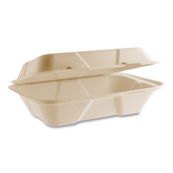 Vegware VW-HC96NFA 6.1 in. x 9 in. x 2.9 in. Nourish Molded Fiber Compostable Sugarcane Takeout Containers - Natural (200/Carton)