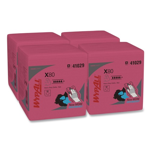 Office Jansan | WypAll 41029 Power Clean X80 12.5 in. x 12 in. Heavy-Duty Cloths - Red (50/Box, 4 Boxes/Carton) image number 0