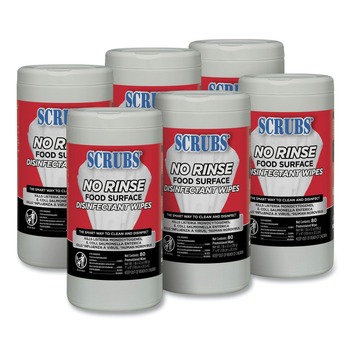 SCRUBS 97080 7 in. x 8 in. 1-Ply No Rinse Food Surface Disinfectant Wipes - Unscented, White (6/Carton)