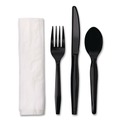 Cutlery | Boardwalk BWKFKTNMWPSBLA Mediumweight Fork/Knife/Napkin/Spoon 4-Piece Plastic Cutlery Kit - Black (250/Carton) image number 1