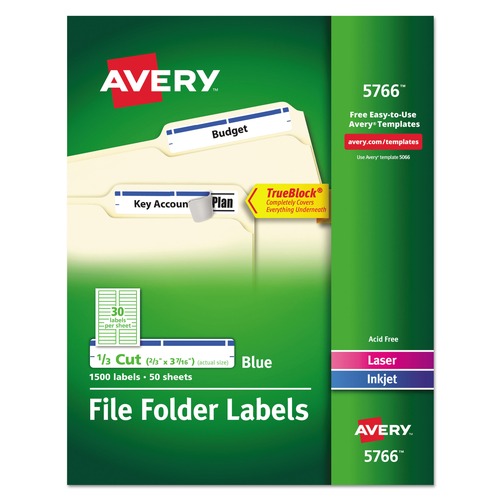 Office Jansan | Avery 05766 0.66 in. x 3.44 in. Permanent TrueBlock File Folder Labels with Sure Feed Technology - Blue/White (30/Sheet, 50 Sheets/Box) image number 0
