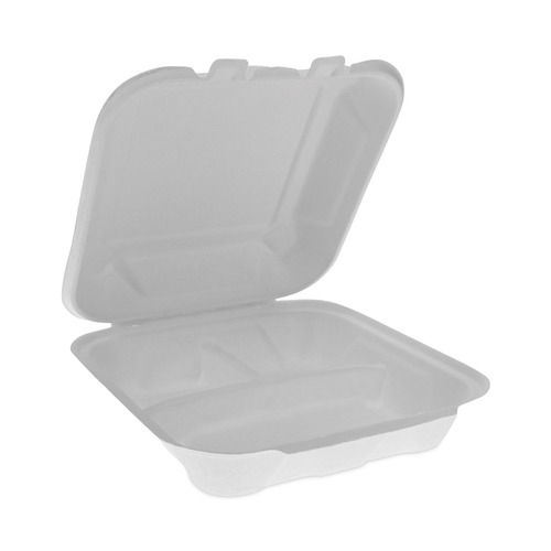 Food Trays, Containers, and Lids | Pactiv Corp. YMCH08030001 EarthChoice 7.8 in. x 7.8 in. x 2.8 in. 3-Compartment, Dual-Tab Lock, Bagasse Hinged Lid Container - Natural (150/Carton) image number 0