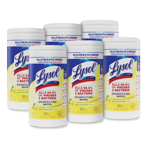 Disinfectants | LYSOL Brand 19200-77182 7 in. x 7.25 in. Disinfecting Wipes - Lemon/Lime Blossom (6 Canisters/Carton, 80 Wipes/Canister) image number 0
