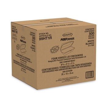 Dart 5.3 in. x 9.8 in. x 3.3 in. Foam Hinged Lid Hoagie Container with Removable Lid - White (500/Carton)