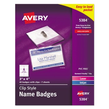 Avery 4 in. x 3 in. Top Load Clip-Style Name Badge Holder with Laser/Inkjet Insert - White (40/Box)