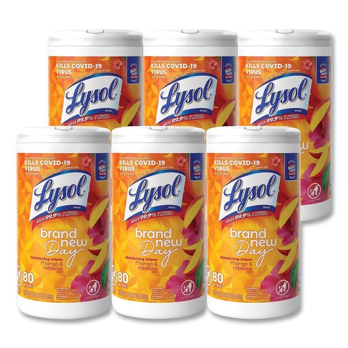Cleaning & Janitorial Supplies | LYSOL Brand 19200-97181 7 in. x 7.25 in. 1-Ply Disinfecting Wipes - Mango and Hibiscus/White (6/Carton) image number 0