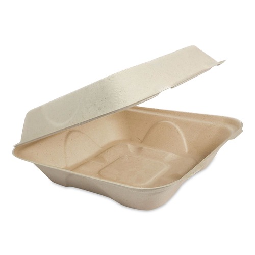 Food Trays, Containers, and Lids | World Centric TO-SC-U85-3L-LF 8.2 in. x 8.8 in. x 2.9 in. Sugarcane Fiber Hinged Takeout Containers - Natural (300/Carton) image number 0