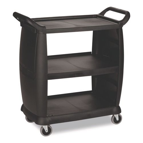 Utility Carts | Boardwalk CC2036BW03 18 in. x 36.25 in. x 38 in. 300 lb Capacity Plastic Bussing Cart with 3 Shelves - Black image number 0