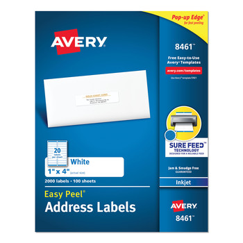 Avery 1 in. x 4 in. Easy Peel Address Labels with Sure Feed Technology for Inkjet Printers - White (20/Sheet, 100 Sheets/Box)