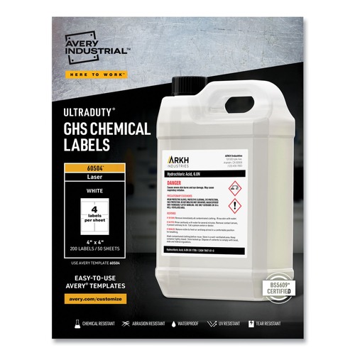 Office Jansan | Avery 60504 UltraDuty 4 in. x 4 in. GHS Chemical Waterproof and UV Resistant Labels - White (50/Box) image number 0