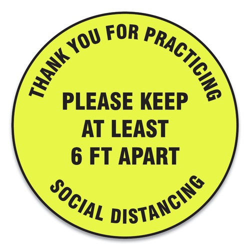 Office Jansan | GN1 MFS426ESP 12 in. Circle "Thank You For Practicing Social Distancing Please Keep At Least 6 ft. Apart" Slip-Gard Floor Signs - Yellow (25/Pack) image number 0