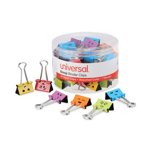 Office Jansan | Universal UNV31031 Emoji Themed Binder Clips with Storage Tub - Medium, Assorted (42/Pack) image number 0