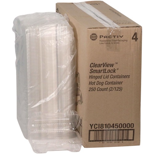 Food Trays, Containers, and Lids | Pactiv Corp. YCI810450000 6.5 in. x 2.25 in. x 2.75 in. Plastic Hinged Lid Hot Dog Container - Clear (250/Carton) image number 0