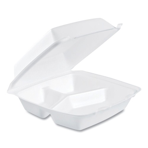 Food Trays, Containers, and Lids | Dart 85HT3R 3-Compartment 8.38 in. x 7.78 in. x 3.25 in. Foam Hinged Lid Containers (200/Carton) image number 0
