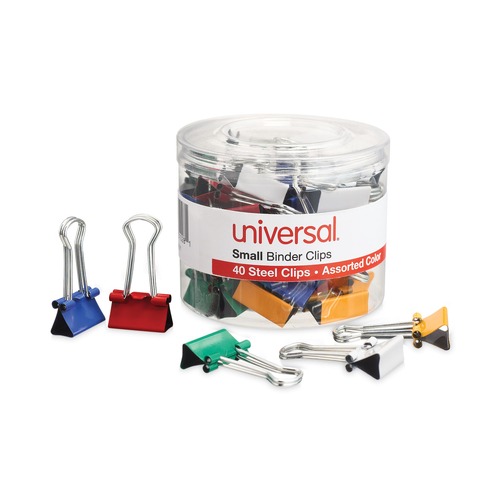 Mothers Day Sale! Save an Extra 10% off your order | Universal UNV31028 Binder Clips with Storage Tub - Small, Assorted (40/Pack) image number 0