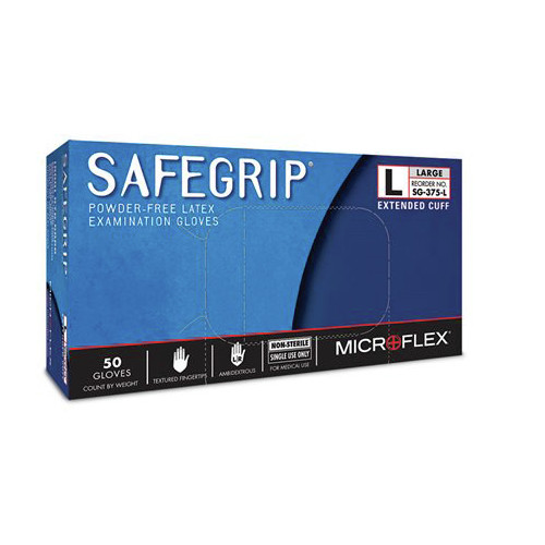 Disposable Gloves | MicroFlex SG375L-CASE 50-Piece SafeGrip Latex Gloves - Large, Blue image number 0