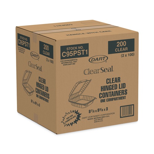 Food Trays, Containers, and Lids | Dart C95PST1 ClearSeal 9.3 in. x 8.8 in. x 3 in. Hinged-Lid Plastic Containers - Clear (200/Carton) image number 0