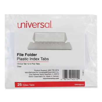 Universal UNV42215EE 2.25 in. Wide, 1/5-Cut Tabs, Hanging File Folder Plastic Index Tabs - Clear (25/Pack)