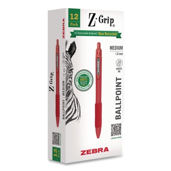 Zebra Z-Grip Medium 1 mm Recycled Retractable Ballpoint Pen - Red Ink/Red Barrel (1-Dozen)