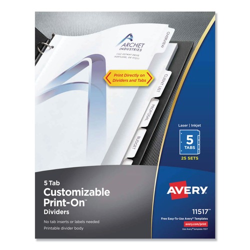 Office Jansan | Avery 11517 Print-On 11 in. x 8.5 in. 5-Tab 3-Hole Customizable Punched Dividers - White (125/Pack) image number 0