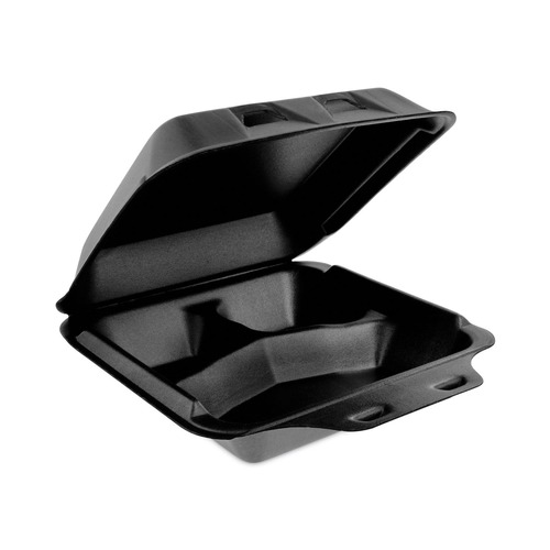  | Pactiv Corp. YHLB08030000 SmartLock 8 in. x 8.5 in. x 3 in. Foam Hinged Lid 3-Compartment Container - Black (150/Carton) image number 0