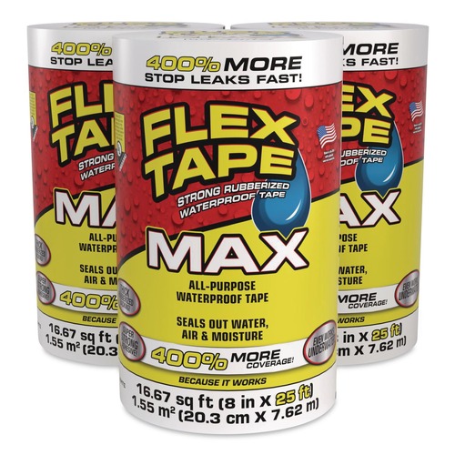Adhesives & Glues | Flex Seal Products TFSMAXWHT08 MAX 8 in. x 25 ft. 39 mils Thick 4 in. Core Strong Rubberized Waterproof Tape - White (3/Carton) image number 0