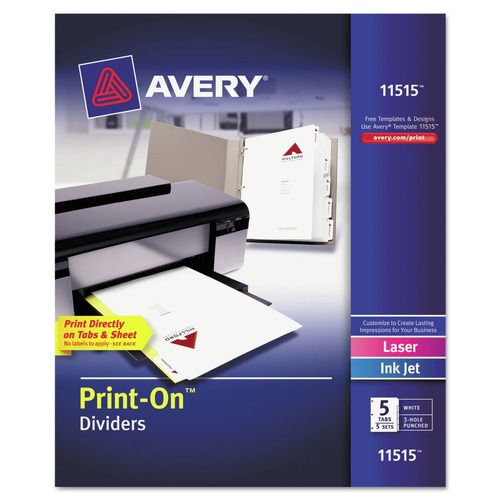 Office Jansan | Avery 11515 Print-On 11 in. x 8.5 in. 5-Tab 3-Hole Customizable Punched Dividers - White (5/Pack) image number 0
