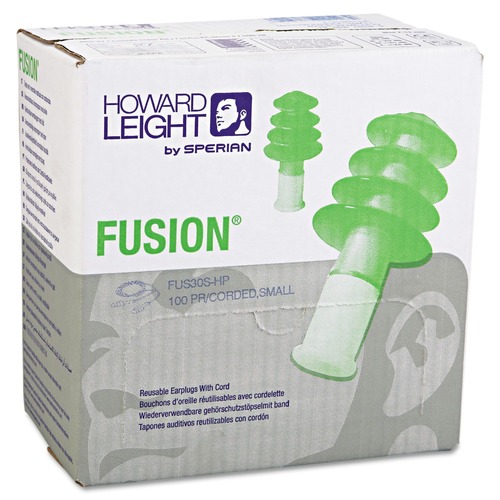 Ear Plugs | Howard Leight by Honeywell FUS30S-HP Corded Fusion Multiple-Use Earplug - Small, Green/Yellow (100 Pair/Box) image number 0